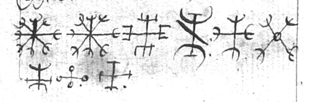 Scan of a page from a manuscript that shows drawings of radial bindrunes or Icelandic Magic Staves