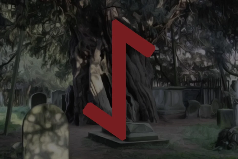 A picture of a large yew tree in the middle of a cemetery with the Eihwaz rune in red overlaid on top.