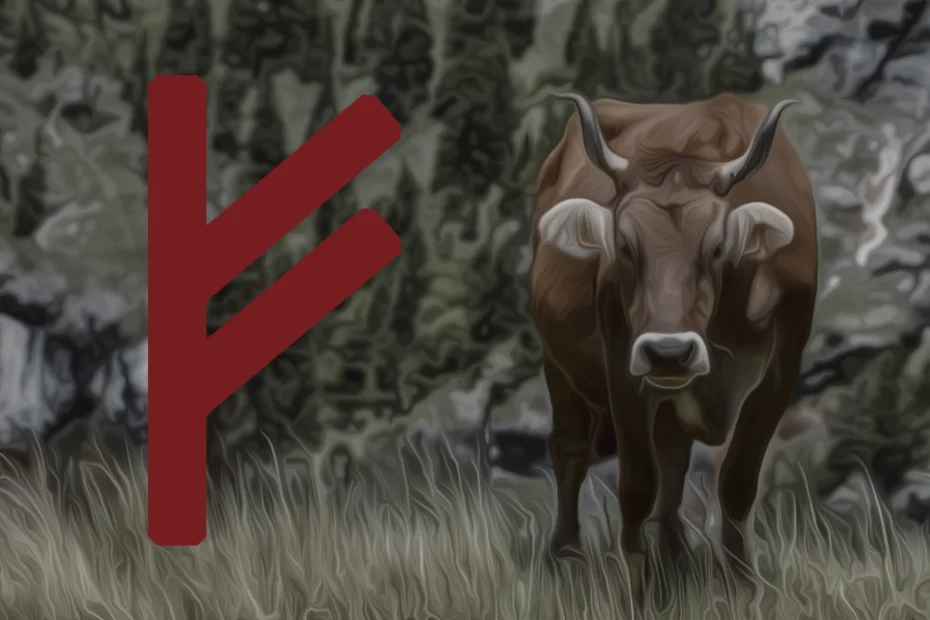 The Fehu Rune in red on the left over an image of a cow on the right.