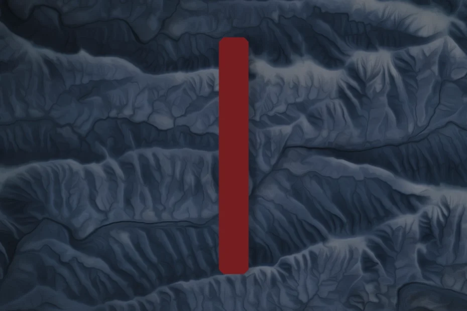 A photo of a glacier overlaid with the Isa rune in red.