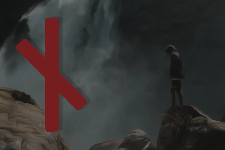 Image shows the Naudhiz rune in red on the left over an image of a man standing on a precipice.