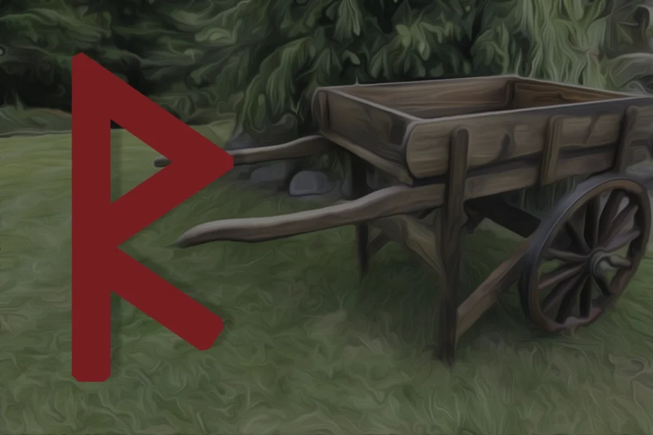 The image shows the Raidho rune in red over a painting of an old wooden wagon.