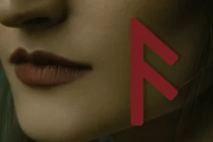 Image shows the Ansuz rune in red on the right over a painting of a woman's mouth.