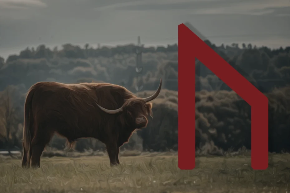 The Uruz rune in red on the right over a picture of an ox in a field.