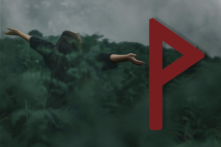 Picture shows a woman in a field of green ferns. Her back is to us and her arms are outstretched in joyous celebration. The Wunjo rune in red is shown on the right.