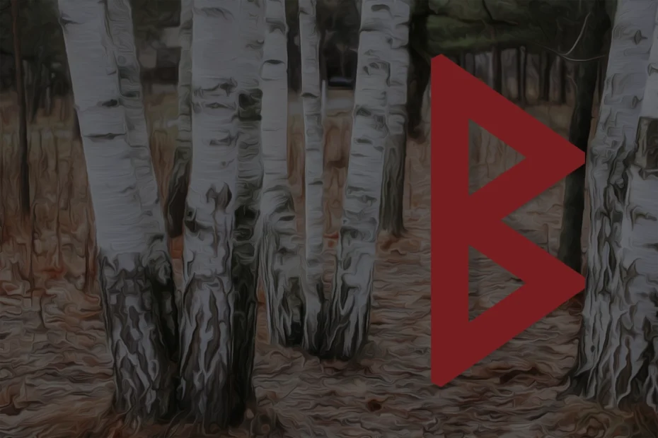 Image shows a stand of birch trees overlaid with the Berkano rune in red.