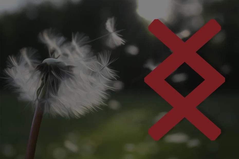 Photo shows a dandelion with the seeds blowing away in the wind. The picture is overlaid with the ingwaz rune in red.