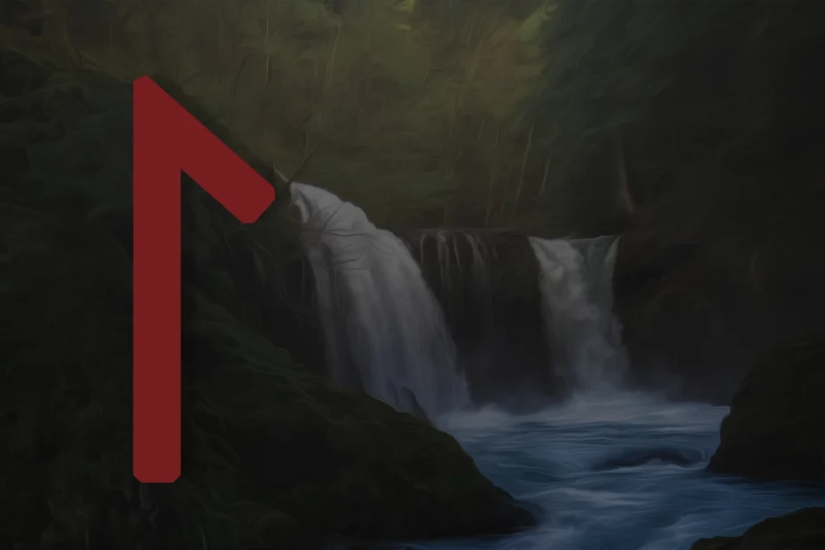 Image shows a waterfall flowing into a pool of water in the woods overlaid by the Laguz rune in red.