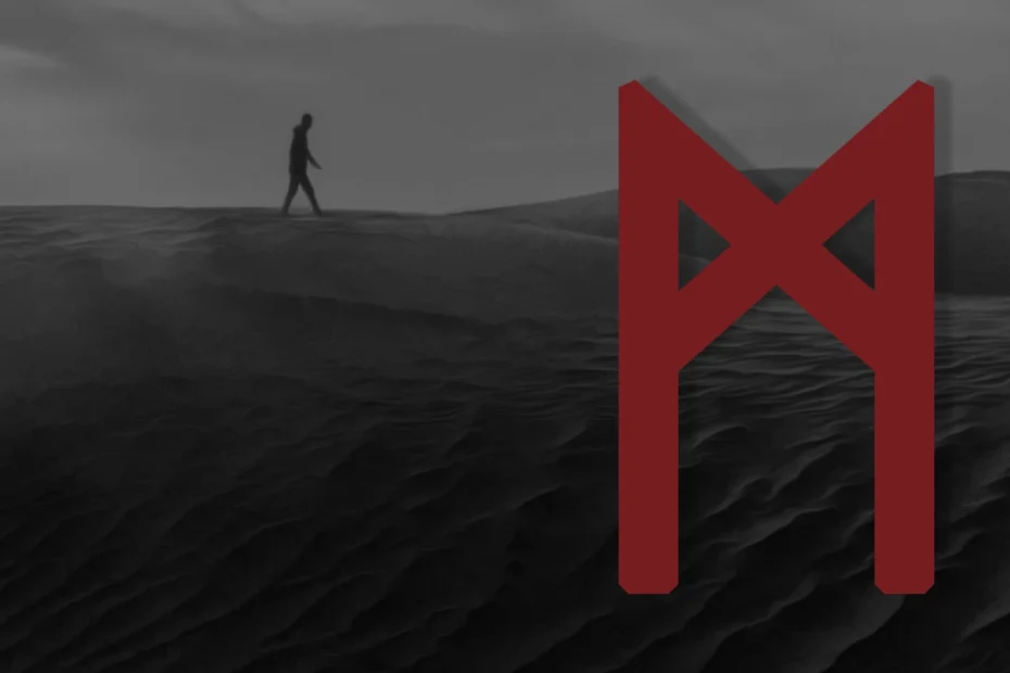 Image shows a person walking across the horizon, overlaid with the Mannaz rune in red.