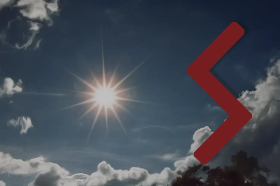 An image of the sun in a bright blue sky. The sowilo rune is overlaid in red on the right.