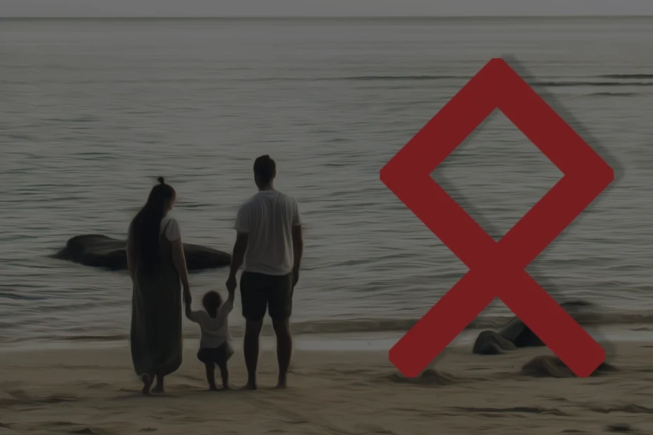 Image shows a family on the beach. Mother on the left, Father on the right, each holding the hand of their small child in between. The Othala rune is overlaid in red on the right.